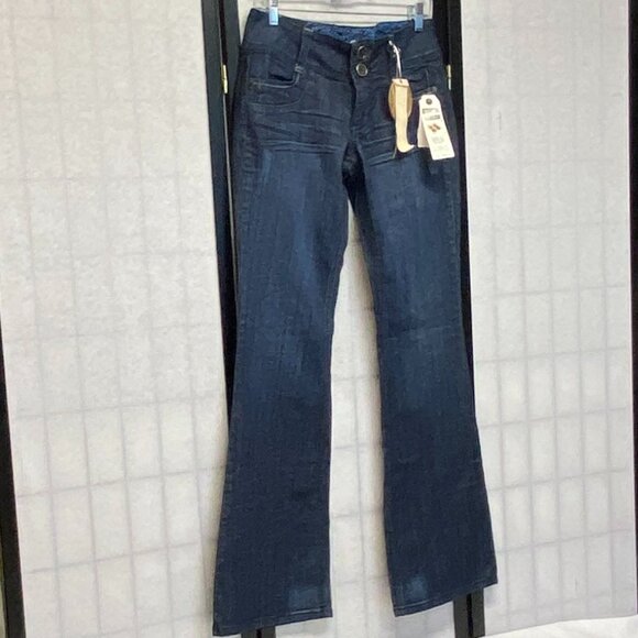 XOXO Low Rise Embroidered Flared Denim Jeans Light Distress Medium Wash NWT 7/8 - Picture 3 of 14